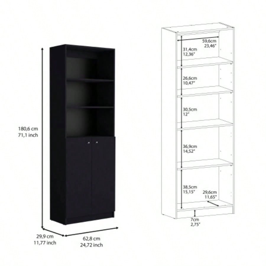 Vinton 2 - Door Bookcase with Upper Shelves, Black