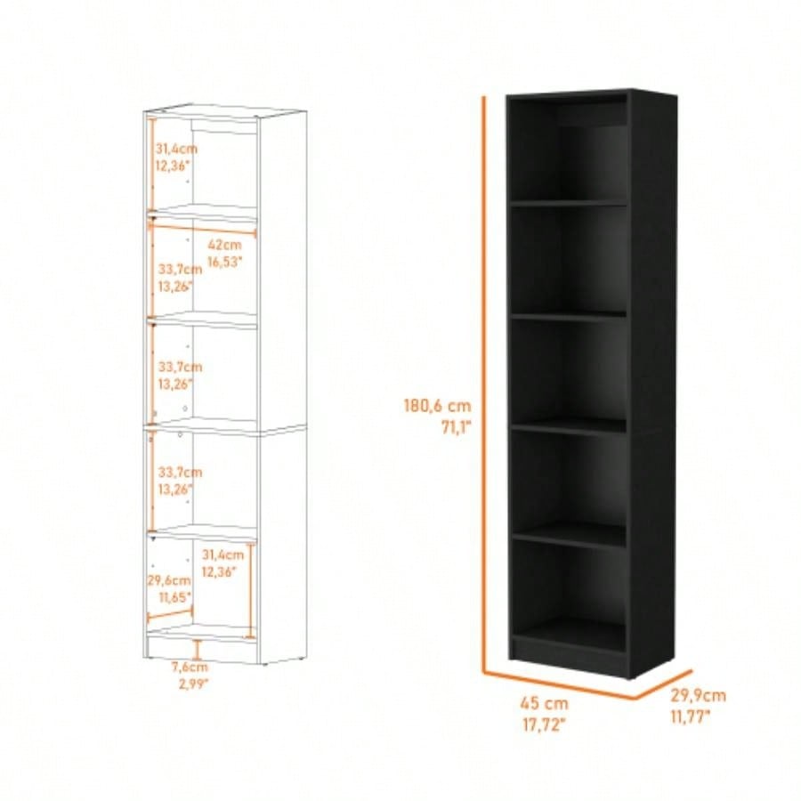 Sutton Slim Bookcase with Modern 5 - Shelf Design