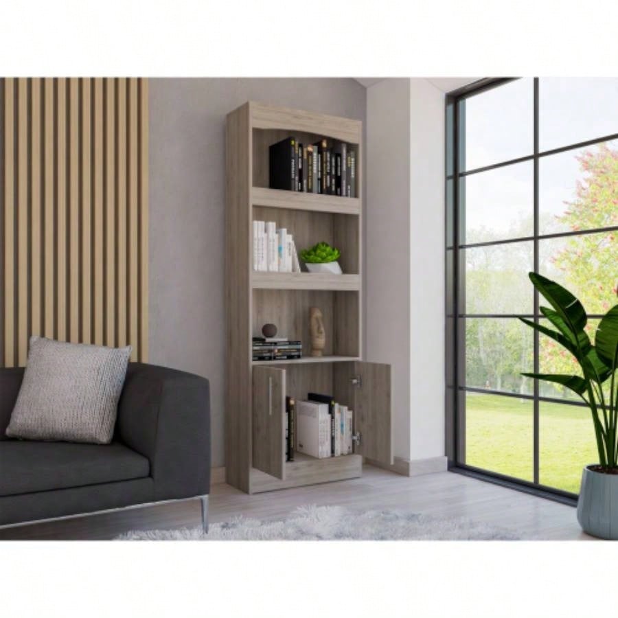 Bookcase, Three Shelves, Double Door Cabinet, Metal Hardware, Light Gray