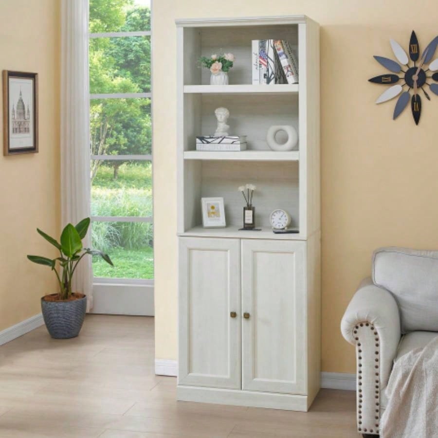 1 Doors Bookshelf with USB Port and 3 Open Shelves Bookcase Side Cabinet Storage Shelves, Rustic White