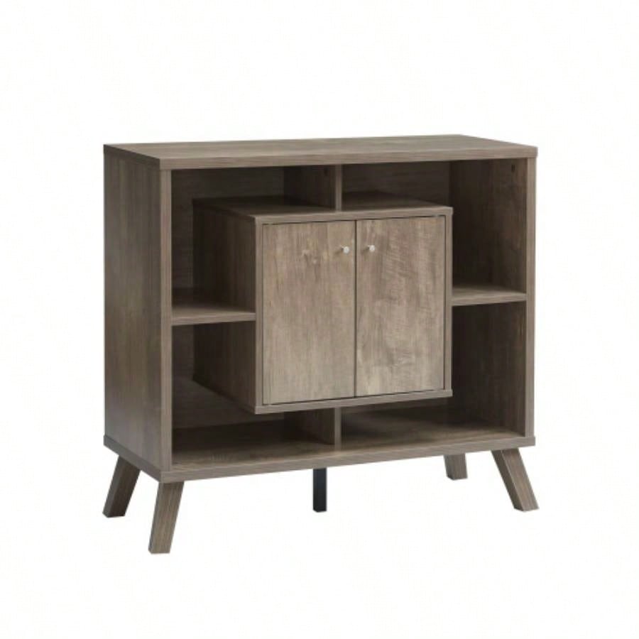 Compact display storage sideboard bookcase cabinet two door four open shelves metal knobs wooden flared