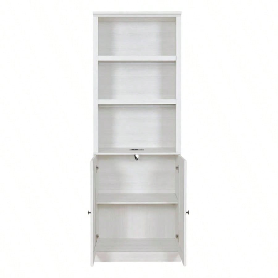 1 Doors Bookshelf with USB Port and 3 Open Shelves Bookcase Side Cabinet Storage Shelves, Rustic White