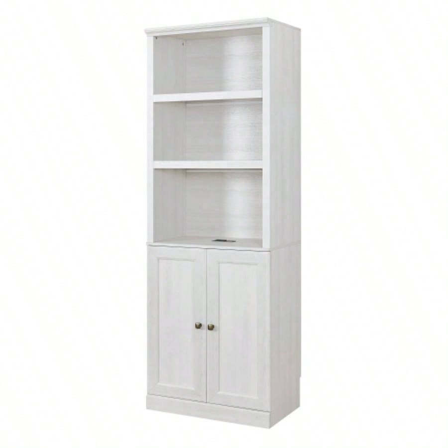 1 Doors Bookshelf with USB Port and 3 Open Shelves Bookcase Side Cabinet Storage Shelves, Rustic White