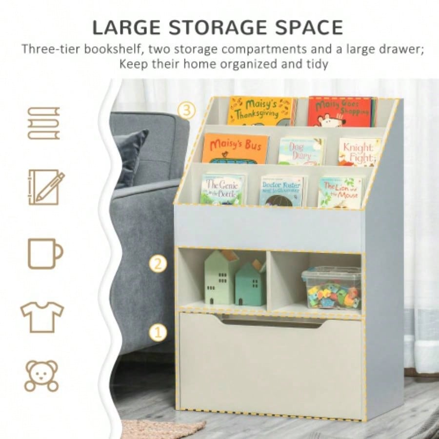 Kids Bookcase Multi - Shelf Rack Organizer with Storage Drawer Books Bedroom or Playroom,