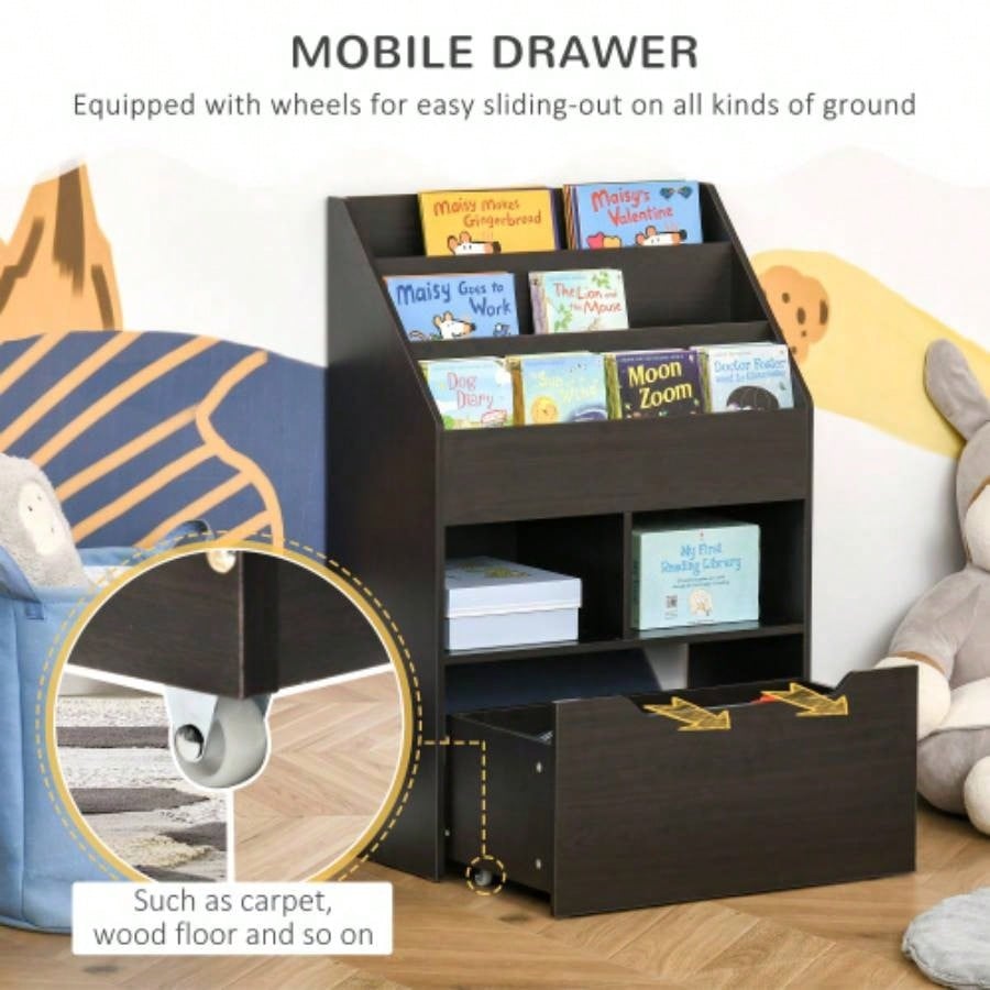 HOMCOM Kids Bookcase Multi - Shelf Rack Organizer with Storage Drawer Books, Playroom, Brown