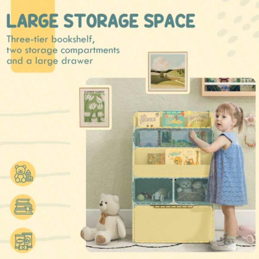 HOMCOM Kids Bookcase Multi - Shelf Rack Organizer with Storage Drawer Books, Playroom, Pale Green