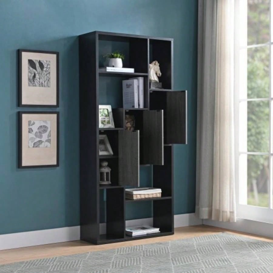 Bookcase Display Storage Cabinet, Multi Shelves Black Distressed