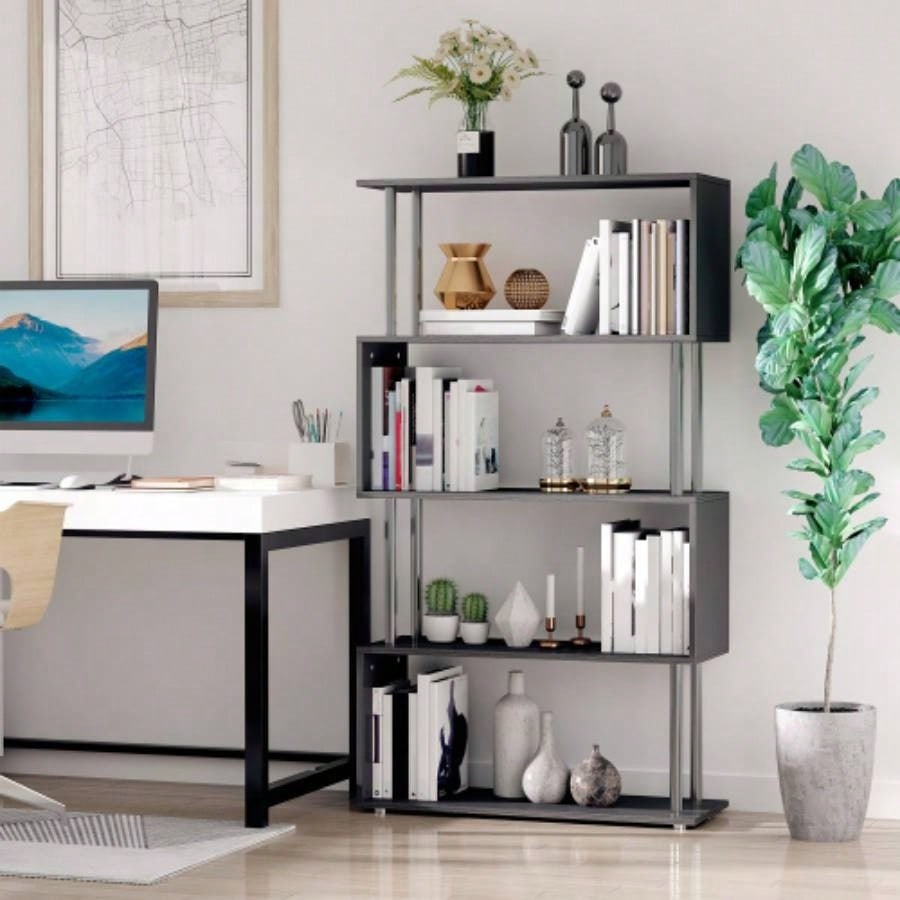 Modern S - Shaped 5 Tier Room Dividing Bookcase Wooden Storage Display Stand Shelf - Black