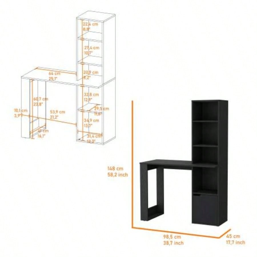 Peterson Computer Desk with 4 - Tier Bookcase and 1 - Door Cabinet Black