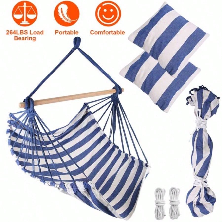 Hammock Hanging Chair Canvas Porch Patio Swing Portable Camping Rope Wooden Stick Hammock Chair with 2 Pillows 265LBS Load - bearing