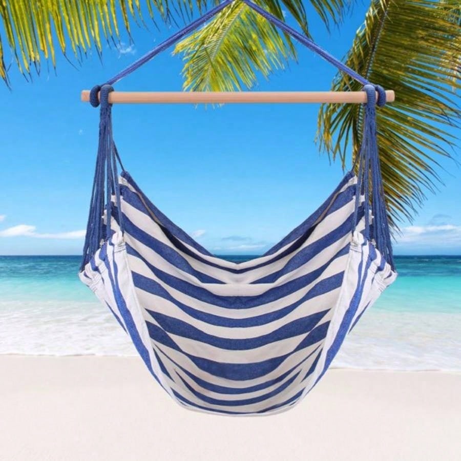 Hammock Hanging Chair Canvas Porch Patio Swing Portable Camping Rope Wooden Stick Hammock Chair with 2 Pillows 265LBS Load - bearing