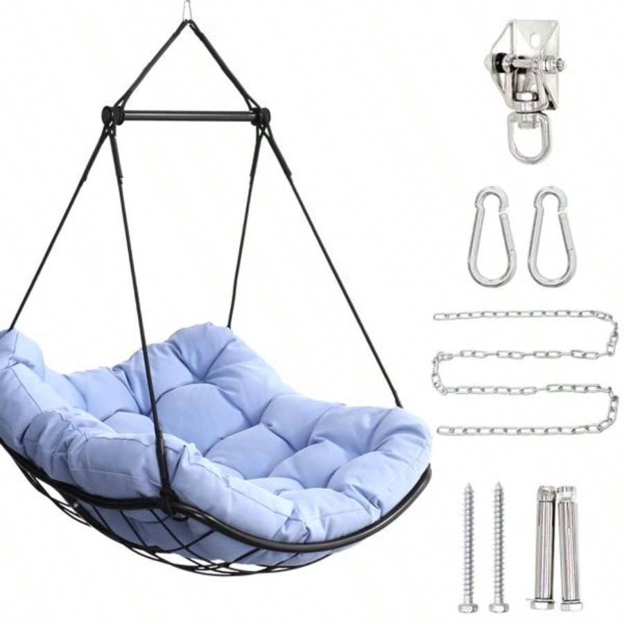 Hammock Chair Swing with Cushion - Outdoor Indoor Hanging Hammock Chair Patio, Porch, Bedroom, Garden, Courtyard, Balcony - Sturdy Steel Bar with Anti - Slip Safety Rings, BLUE