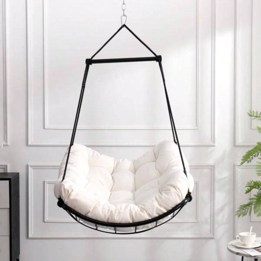 Hammock Chair Swing with Cushion - Outdoor Indoor Hanging Hammock Chair Patio, Porch, Bedroom, Garden, Courtyard, Balcony - Sturdy Steel Bar with Anti - Slip Safety Rings, white