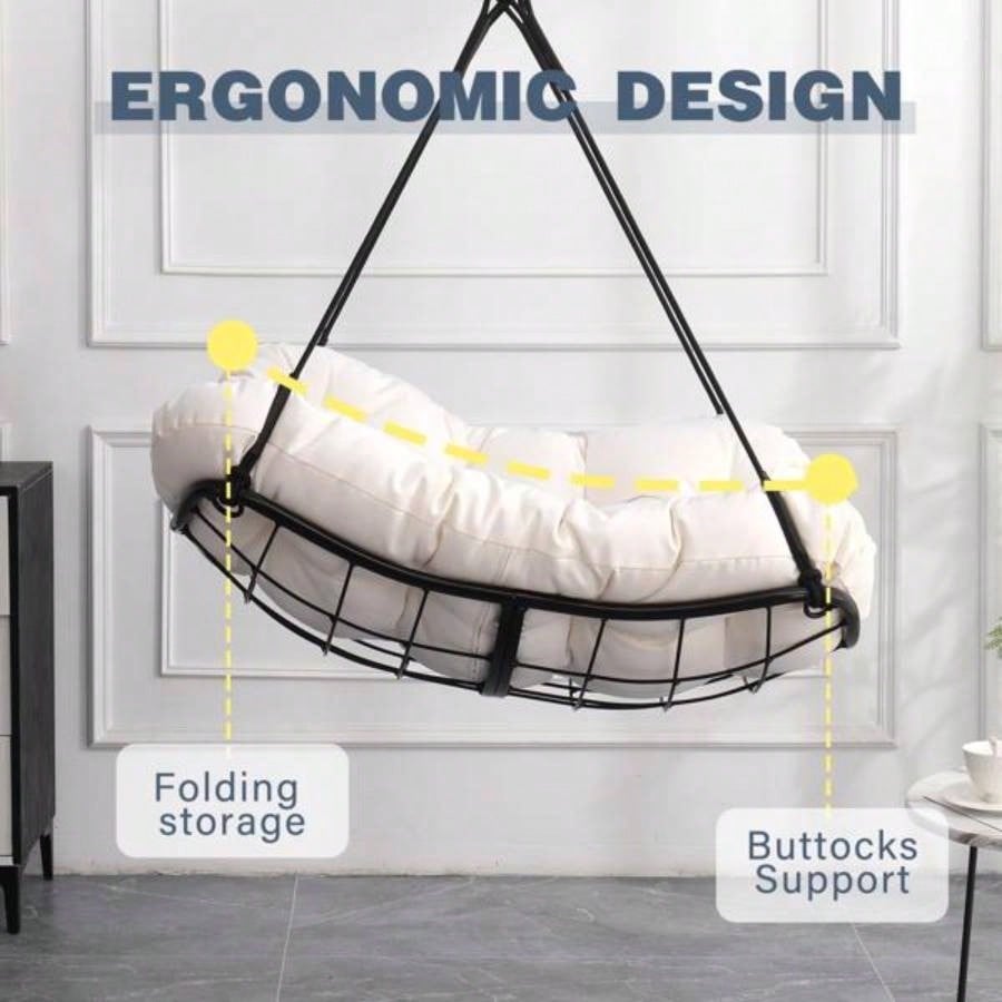 Hammock Chair Swing with Cushion - Outdoor Indoor Hanging Hammock Chair Patio, Porch, Bedroom, Garden, Courtyard, Balcony - Sturdy Steel Bar with Anti - Slip Safety Rings, white