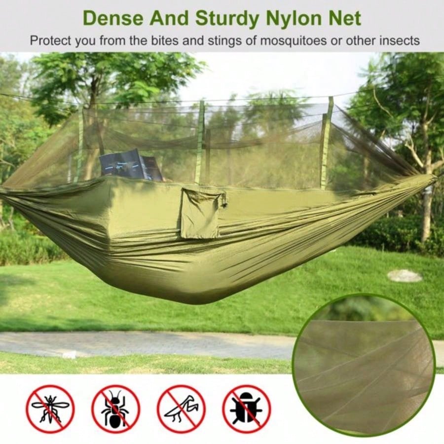 Camping Hammock, Portable Double Hammock with Net, 600lbs Load 2 Persons Hammock/Mosquito Net Outdoor Hiking Camping Hommock Portable Nylon Swing Hanging Bed/ Strap Hook Carry Bag