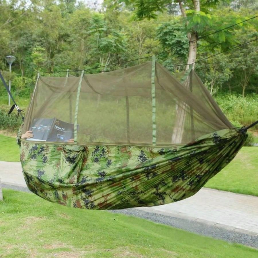 Camping Hammock, Portable Double Hammock with Net, 600lbs Load 2 Persons Hammock/Mosquito Net Outdoor Hiking Camping Hommock Portable Nylon Swing Hanging Bed/ Strap Hook Carry Bag