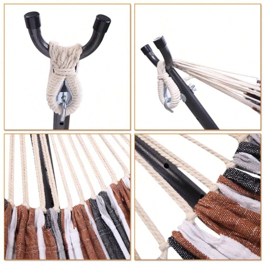 Professional Black Silver Flowers Hammock Stand with Polyester Coffee Stripe Hammock