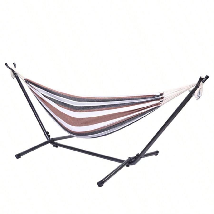 Professional Black Silver Flowers Hammock Stand with Polyester Coffee Stripe Hammock