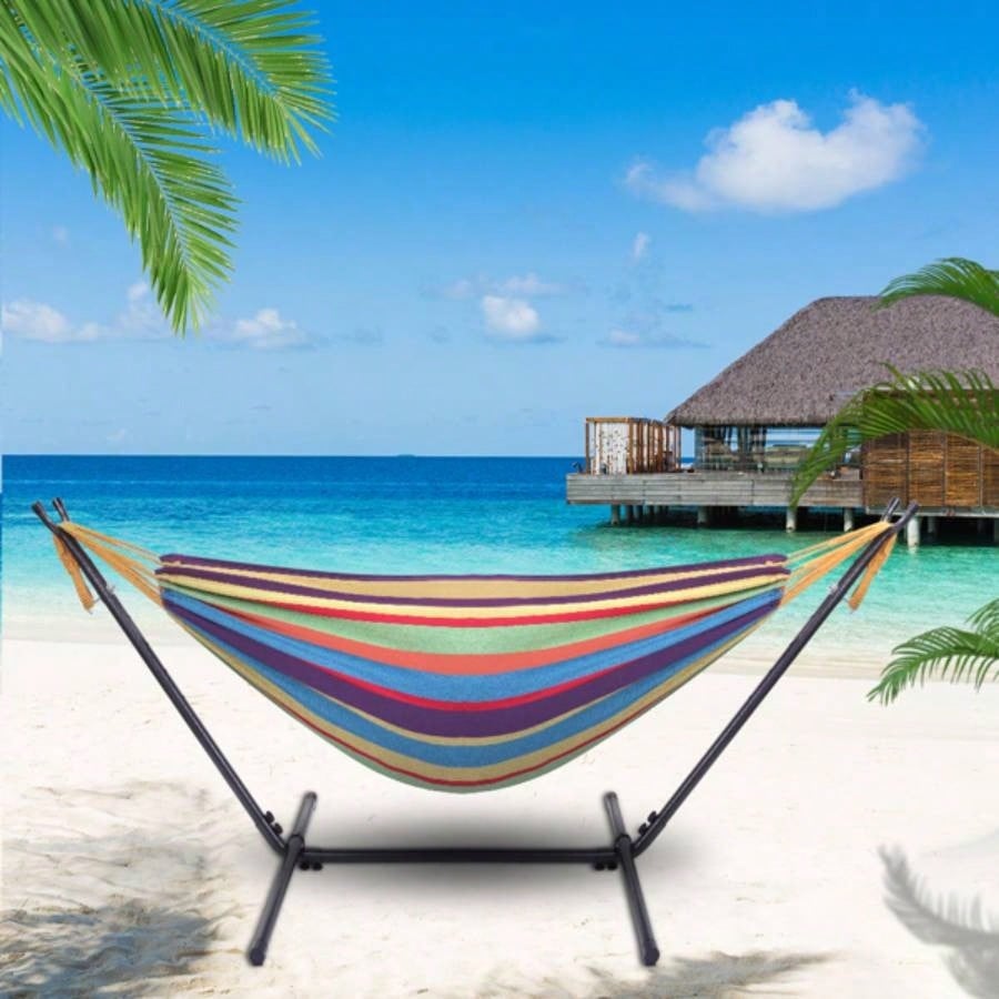 Portable Outdoor Polyester Hammock Set Black Background Silver Flower Colorful