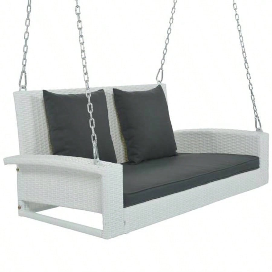 2 - Person Wicker Hanging Porch Swing with Chains, Cushion, Pillow, Rattan Swing Garden, Backyard, Pond. White Wicker, Gray Cushion