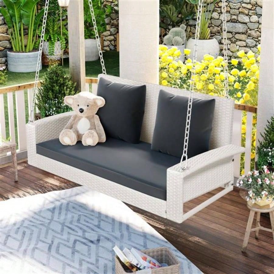 2 - Person Wicker Hanging Porch Swing with Chains, Cushion, Pillow, Rattan Swing Garden, Backyard, Pond. White Wicker, Gray Cushion