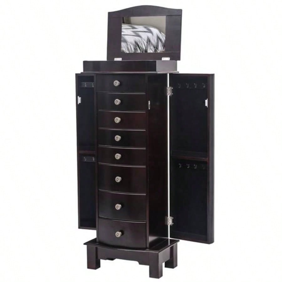 Jewelry Armoire with Mirror, 8 Drawers 16 Necklace Hooks, 2 Side Swing DoorsBrown