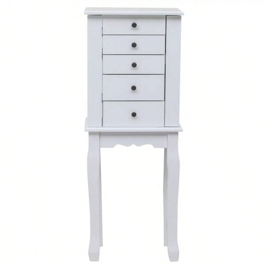 Standing Jewelry Armoire with Mirror, 5 Drawers 8 Necklace Hooks, Jewelry Cabinet Chest with Top Storage Organizer, 2 Side Swing DoorsWhite