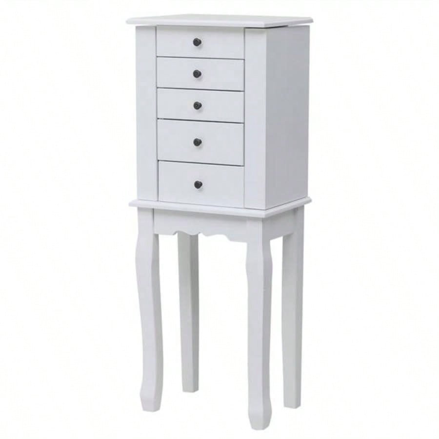 Standing Jewelry Armoire with Mirror, 5 Drawers 8 Necklace Hooks, Jewelry Cabinet Chest with Top Storage Organizer, 2 Side Swing DoorsWhite
