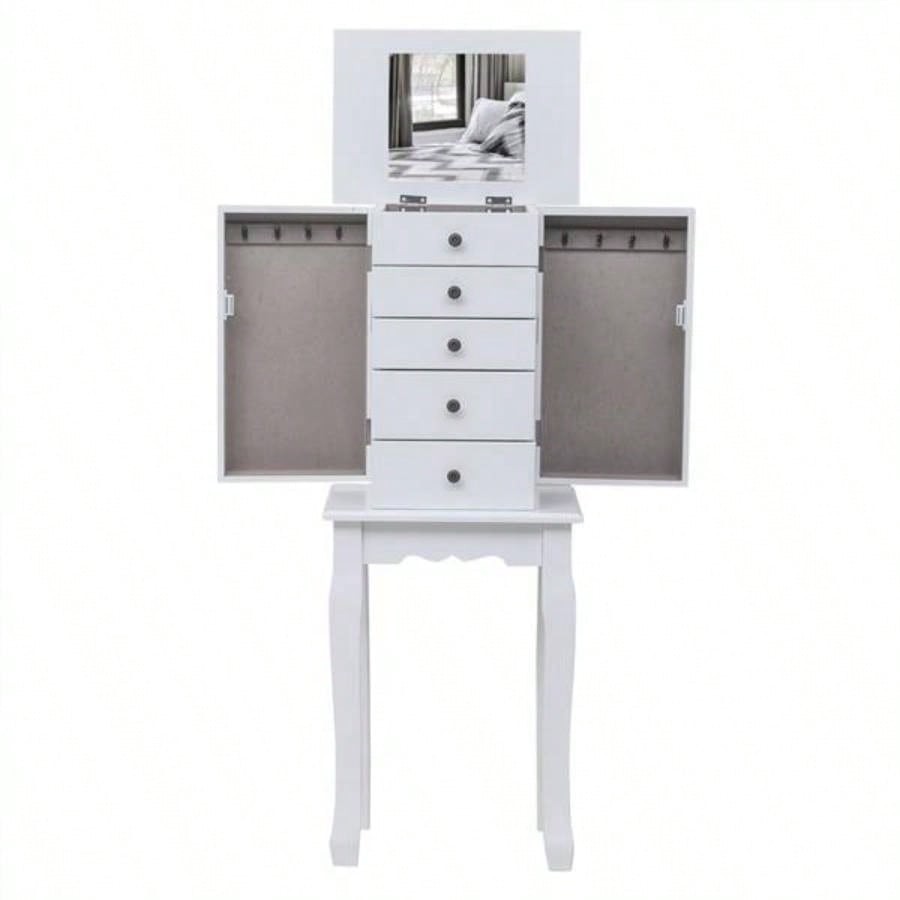 Standing Jewelry Armoire with Mirror, 5 Drawers 8 Necklace Hooks, Jewelry Cabinet Chest with Top Storage Organizer, 2 Side Swing DoorsWhite
