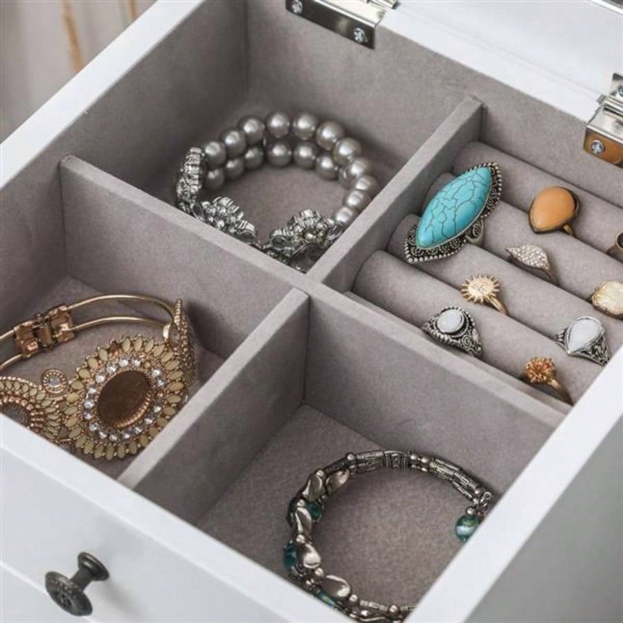 Standing Jewelry Armoire with Mirror, 5 Drawers 8 Necklace Hooks, Jewelry Cabinet Chest with Top Storage Organizer, 2 Side Swing DoorsWhite