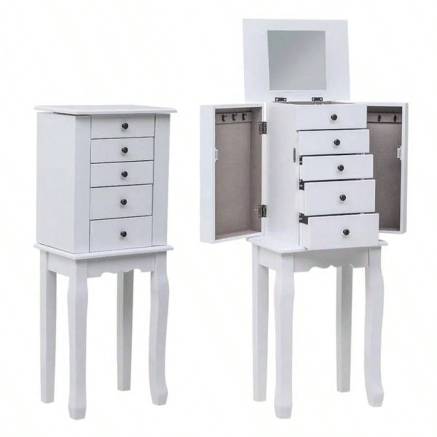Standing Jewelry Armoire with Mirror, 5 Drawers 8 Necklace Hooks, Jewelry Cabinet Chest with Top Storage Organizer, 2 Side Swing DoorsWhite