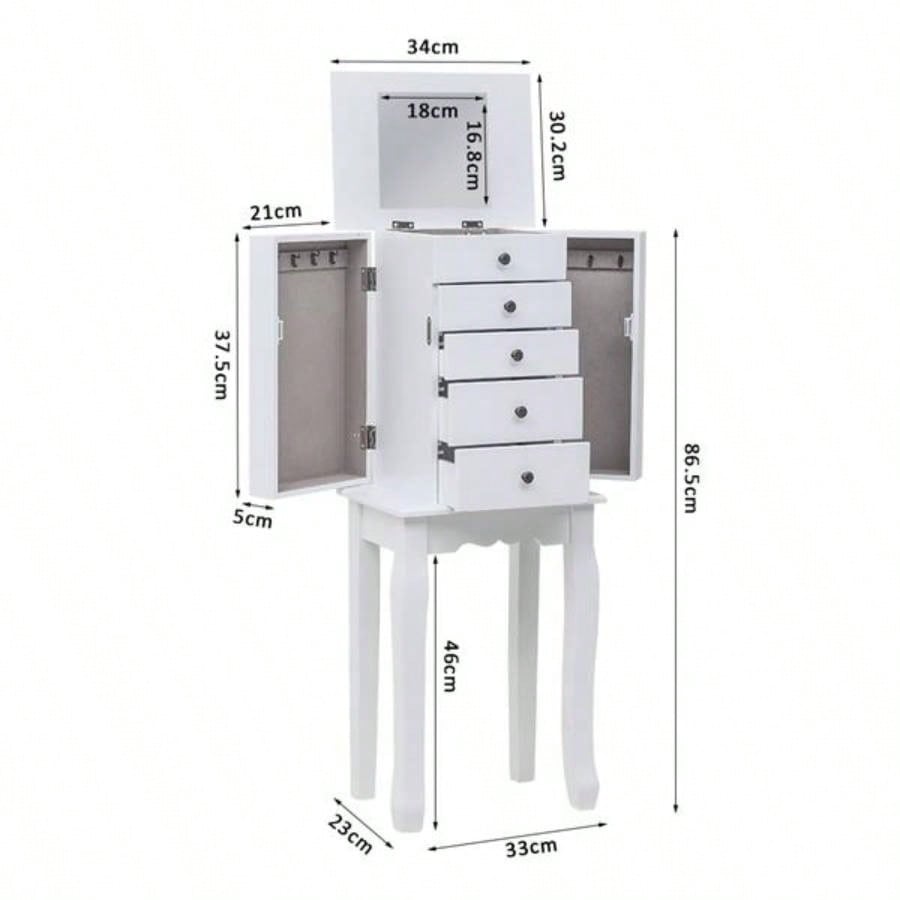 Standing Jewelry Armoire with Mirror, 5 Drawers 8 Necklace Hooks, Jewelry Cabinet Chest with Top Storage Organizer, 2 Side Swing DoorsWhite