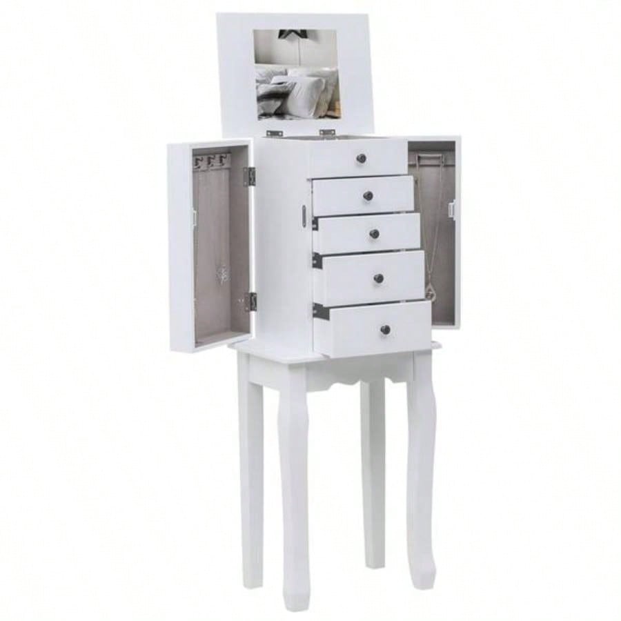 Standing Jewelry Armoire with Mirror, 5 Drawers 8 Necklace Hooks, Jewelry Cabinet Chest with Top Storage Organizer, 2 Side Swing DoorsWhite