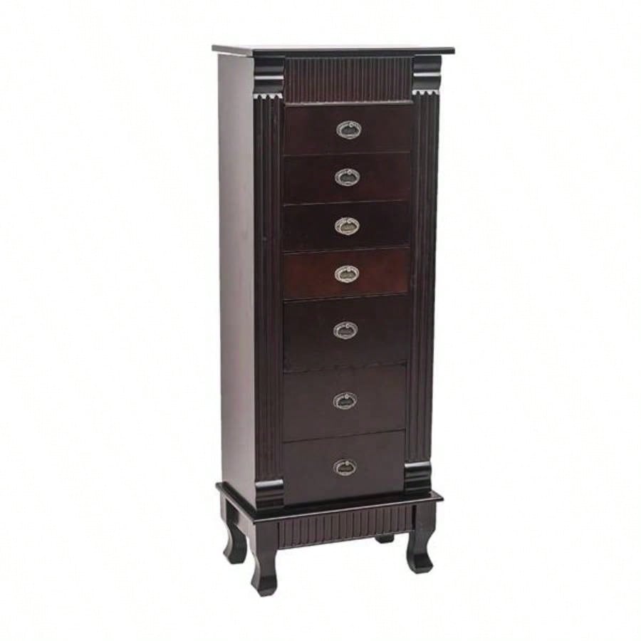 Standing Jewelry Armoire Cabinet Makeup Mirror and Top Divided Storage Organizer, Large Standing Jewelry Armoire Storage Chest with Drawers, 2 Swing Doors, 16 Necklace Hooks, Dark Brown Beige Flann