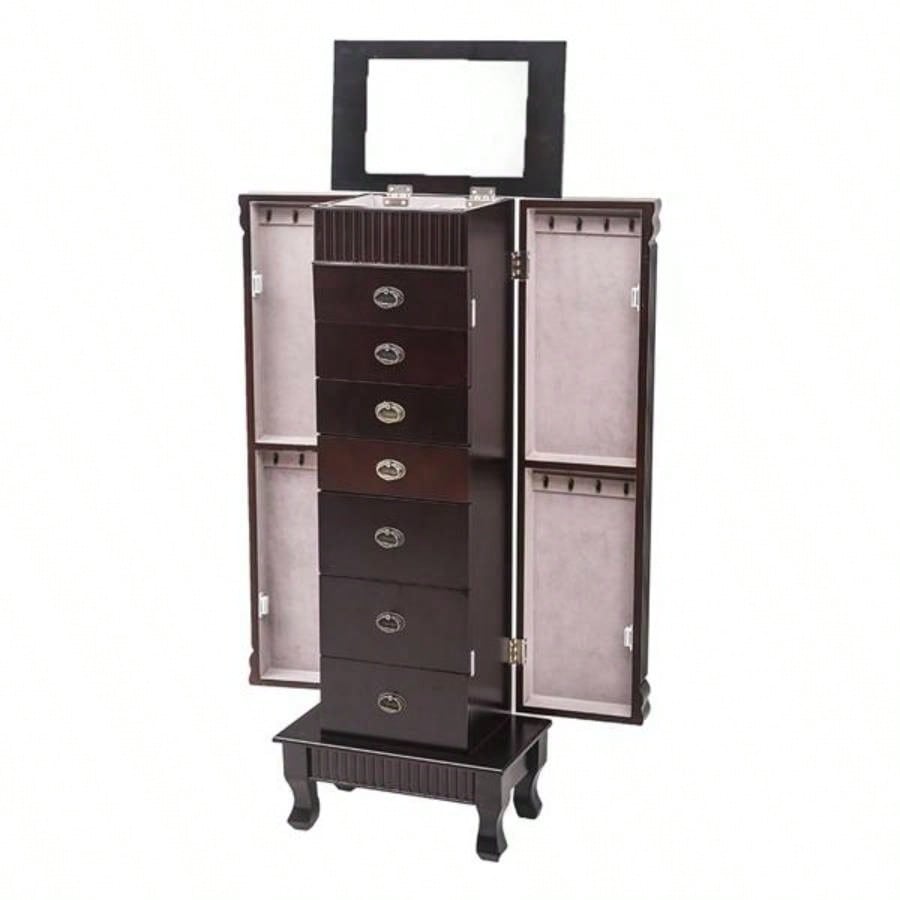 Standing Jewelry Armoire Cabinet Makeup Mirror and Top Divided Storage Organizer, Large Standing Jewelry Armoire Storage Chest with Drawers, 2 Swing Doors, 16 Necklace Hooks, Dark Brown Beige Flann