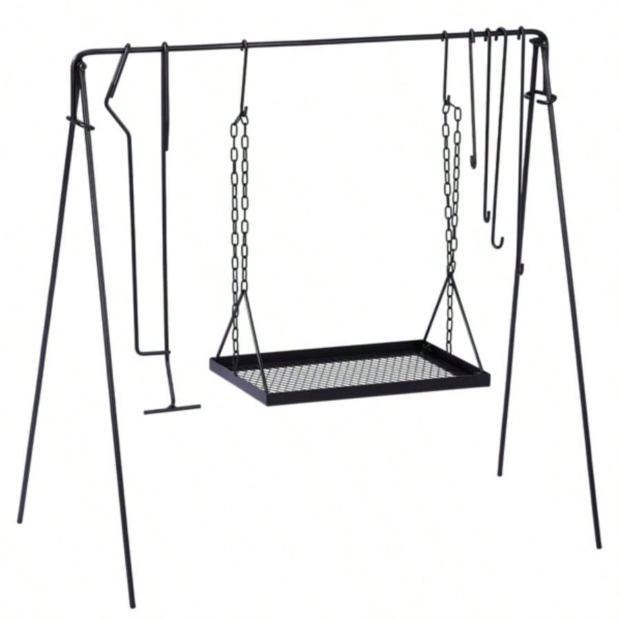 Grill Swing Campfire Grill Stand with Iron Grill Grate, Collapsible Campfire Cooking Rack with Hooks and Carry Bag, Portable Cookware Hanging Rack Outdoor Camping Bonfire Cookware Dutch Oven, Bl