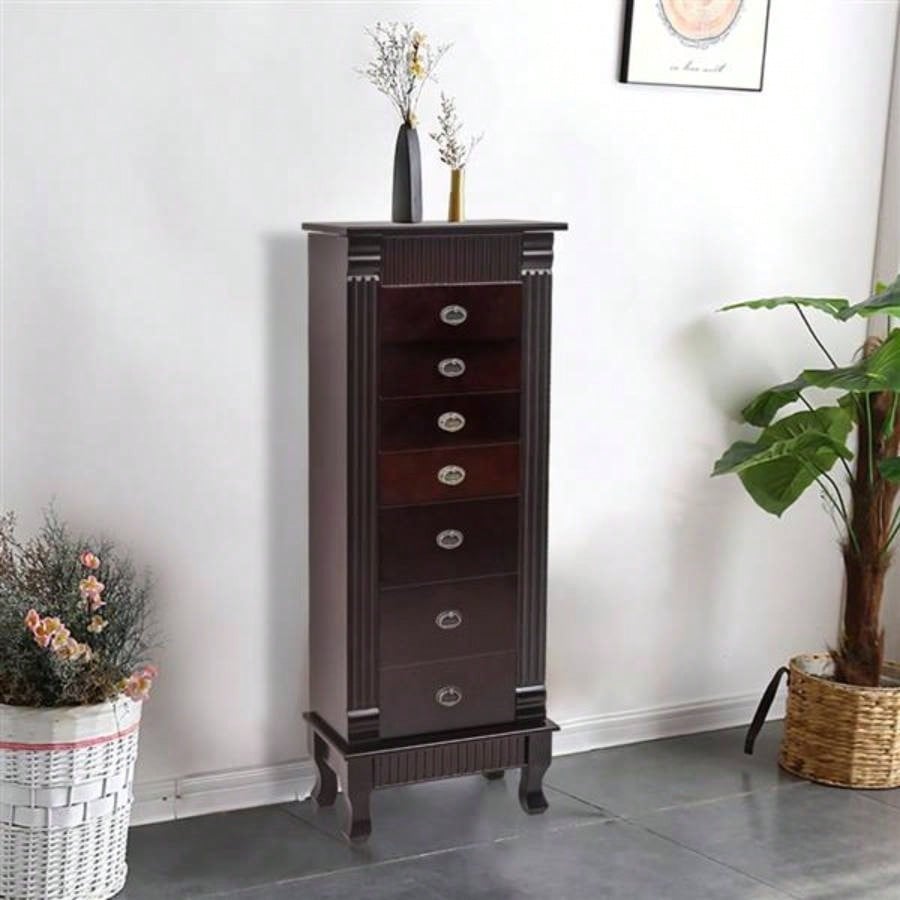 Standing Jewelry Armoire Cabinet Makeup Mirror and Top Divided Storage Organizer, Large Standing Jewelry Armoire Storage Chest with Drawers, 2 Swing Doors, 16 Necklace Hooks, Dark Brown Beige Flann