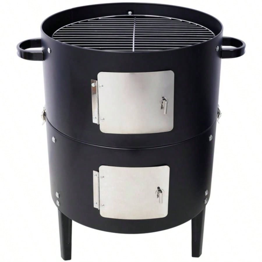 17 Inch Steel Charcoal Smoker, Heavy Duty Round BBQ Grill Outdoor Cooking, Black