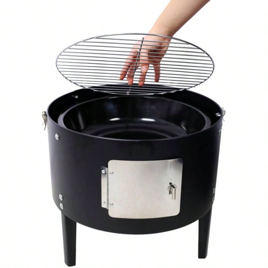 17 Inch Steel Charcoal Smoker, Heavy Duty Round BBQ Grill Outdoor Cooking, Black