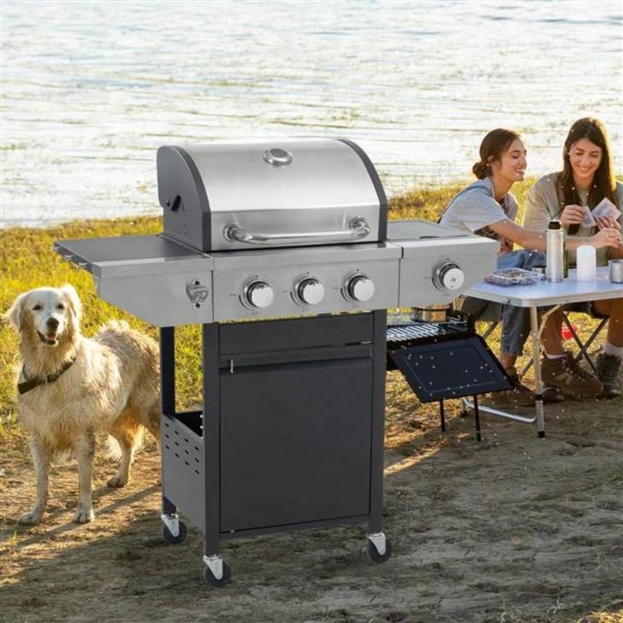 Propane Grill 3 Barbecue Grill Stainless Steel Gas Grill with Side and Thermometer Outdoor BBQ, Camping