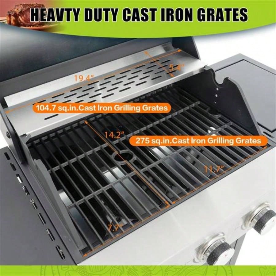 Propane Grill 3 Barbecue Grill Stainless Steel Gas Grill with Side and Thermometer Outdoor BBQ, Camping