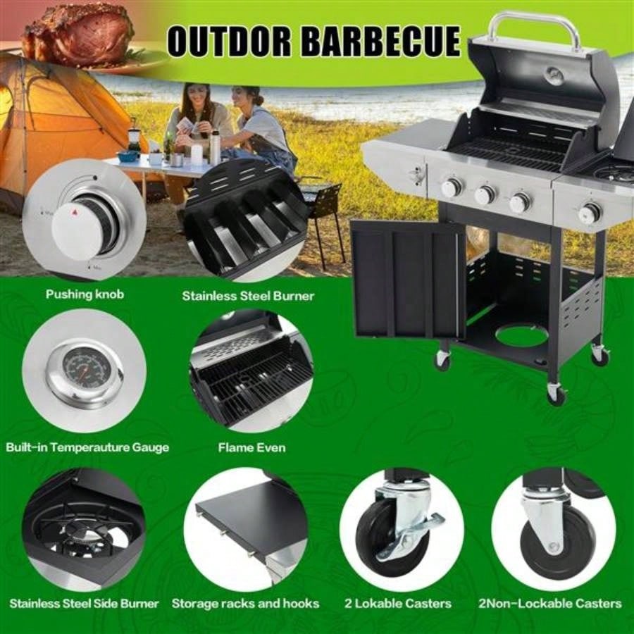 Propane Grill 3 Barbecue Grill Stainless Steel Gas Grill with Side and Thermometer Outdoor BBQ, Camping