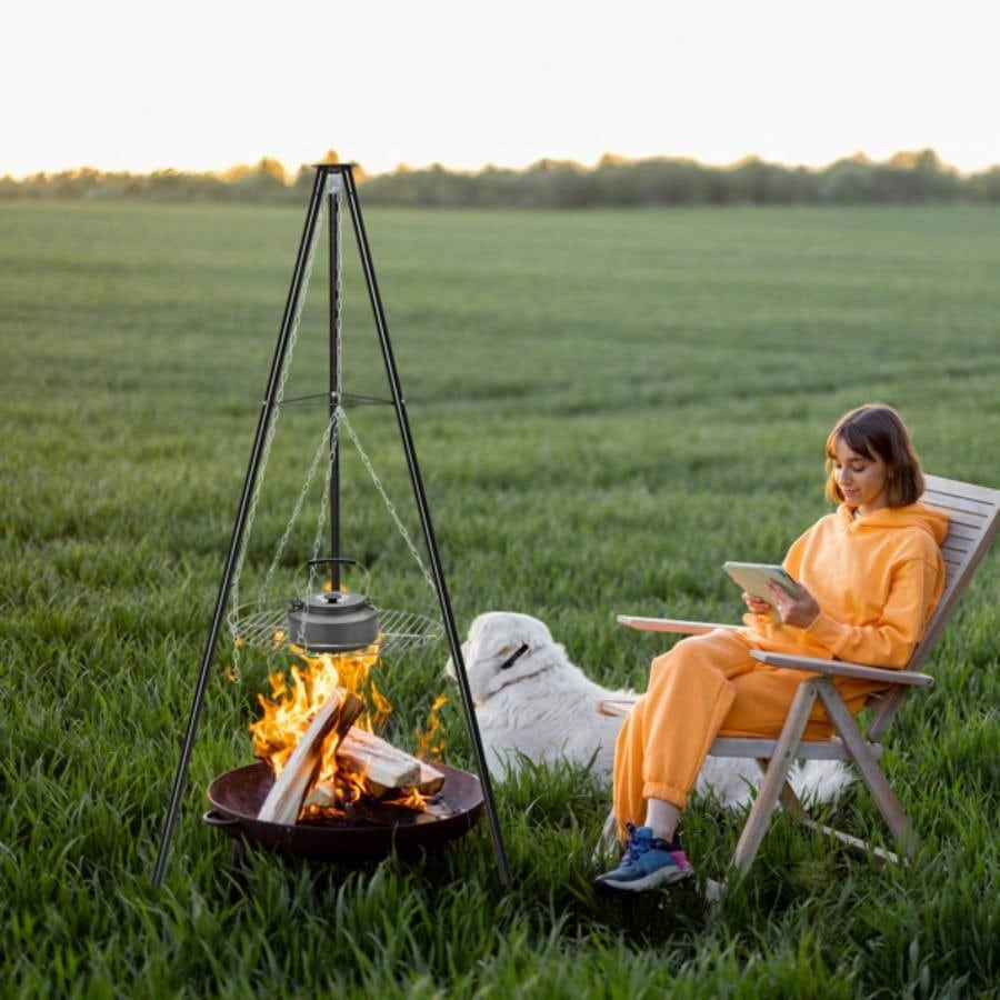 Campfire Tripod Grill, Adjustable Height BBQ Grill Grate Cooking Over Fire, Firepit Cooking Rack, Black
