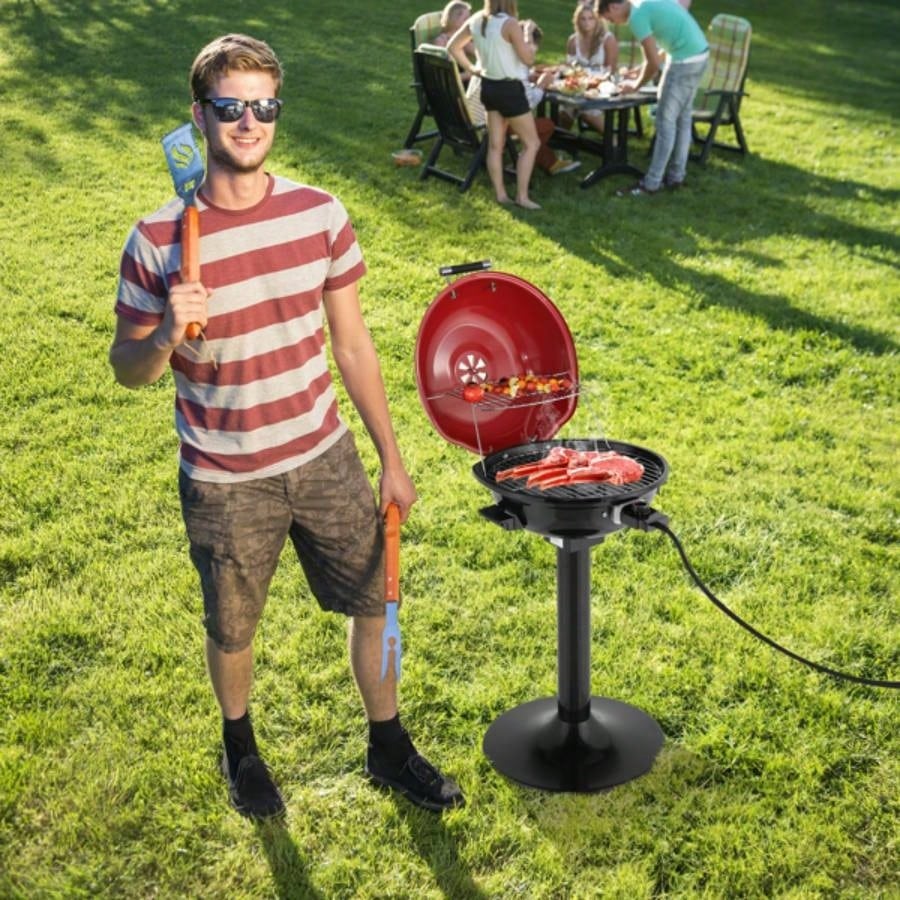 BBQ Grill with Stand, Portable Double Layer Indoor/Outdoor Grill Indoor Outdoor Use, 1600W, Red