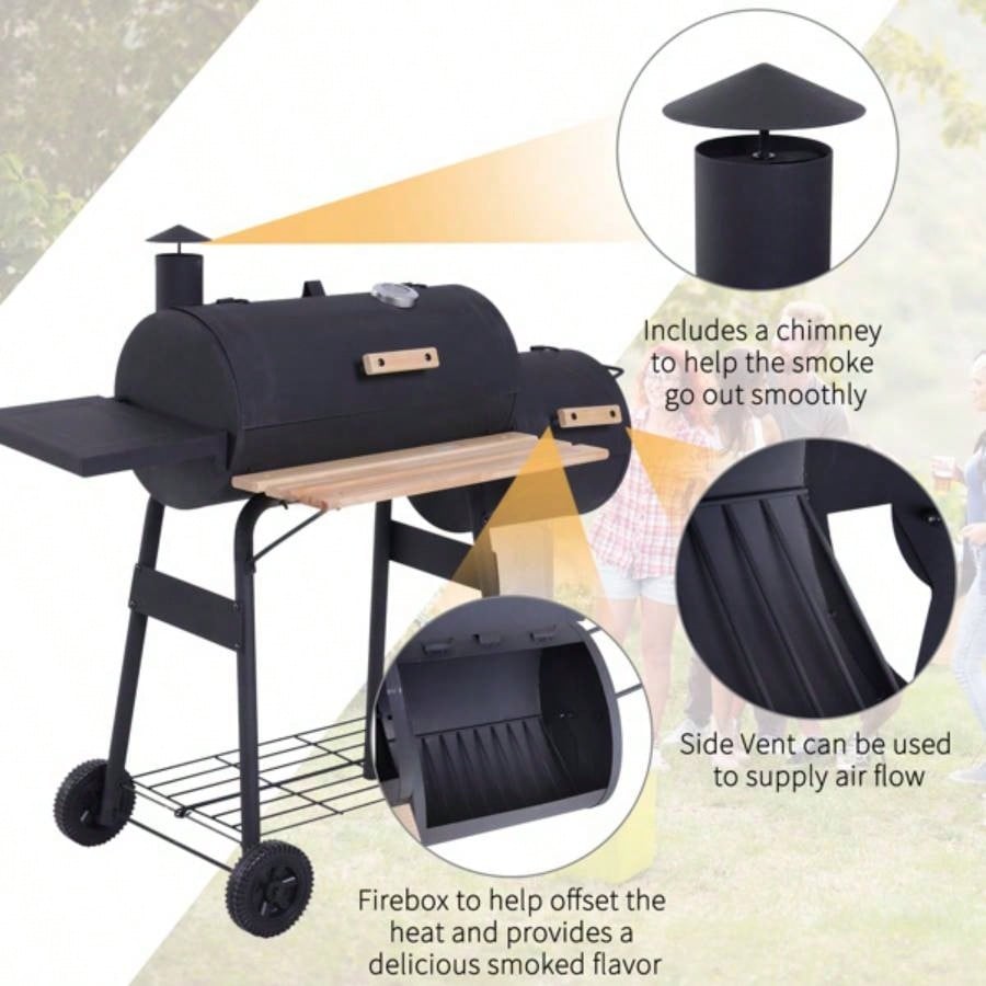 48 Steel Portable Backyard Charcoal BBQ Grill and Offset Smoker Combo with Wheels