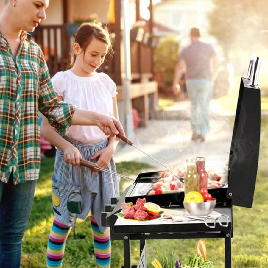 3 - Flat Top Gas Griddle Cooking Station with Ceramic Coated Cast Iron Pan, 30, 000 BTU Propane Fuelled Griddle Station with Side Shelves Spice Rack Outdoor Barbecue Backyard Cookout