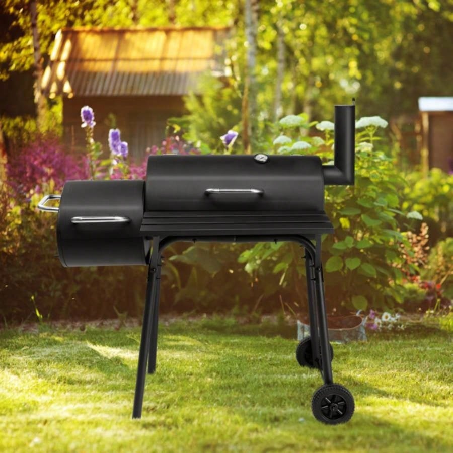 Charcoal Grill with Offset Smoker, All Metal Outdoor Smoker with Side Table and Wheels Outdoor Garden Patio and Backyard Cooking