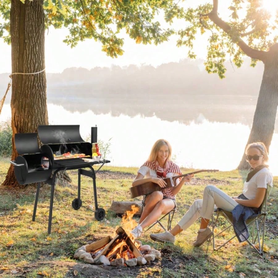 Charcoal Grill with Offset Smoker, All Metal Outdoor Smoker with Side Table and Wheels Outdoor Garden Patio and Backyard Cooking