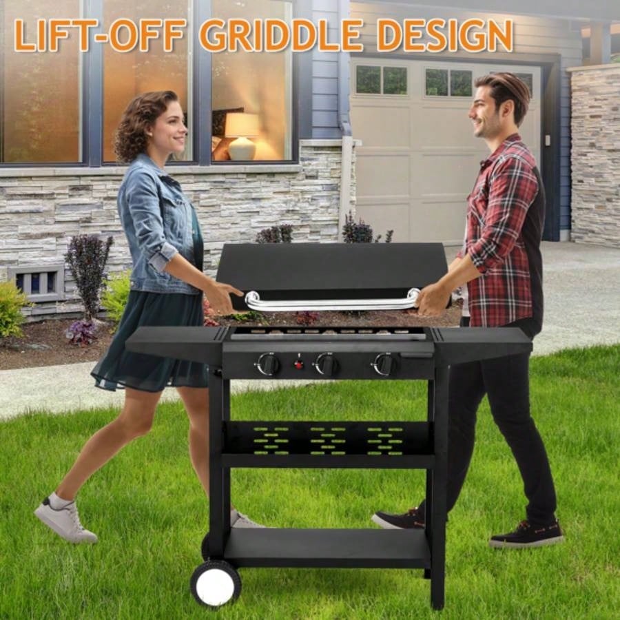 3 - Flat Top Gas Griddle Cooking Station with Ceramic Coated Cast Iron Pan, 30, 000 BTU Propane Fuelled Griddle Station with Side Shelves Spice Rack Outdoor Barbecue Backyard Cookout