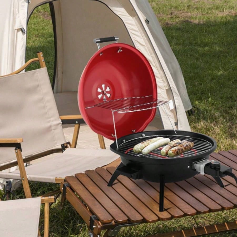 Countertop BBQ Grill, Portable Double Layer Indoor/Outdoor Grill Indoor Outdoor Use, 1600W, Red